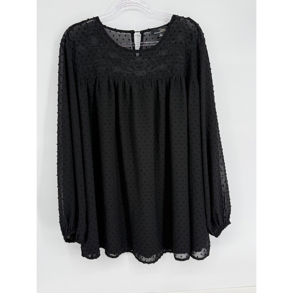 Suzanne Betro Womens Black Swiss Dot Embroidered Babydoll Blouse Sz 2X